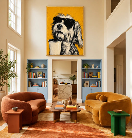 Brew Buddy artwork displayed above blue shelving in a colorful living room.