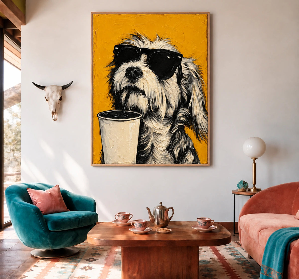 Brew Buddy artwork displayed above a seating area with teal and coral chairs.
