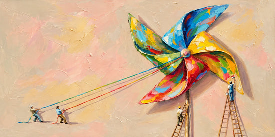Pinwheel Makers full artwork. Tiny figures pull colorful ropes and climb ladders around an enormous rainbow pinwheel.