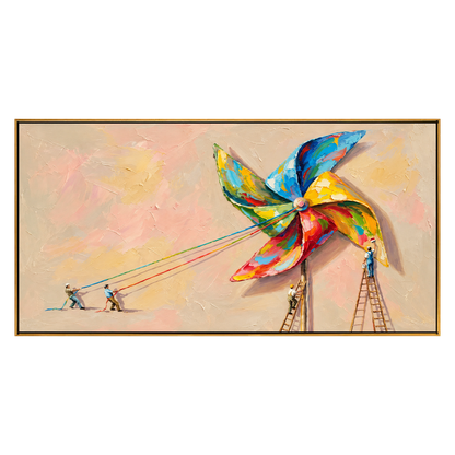 Pinwheel Makers artwork in a natural wood frame on a transparent background.