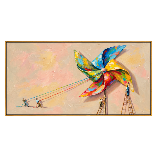 Pinwheel Makers artwork in a natural wood frame on a transparent background.