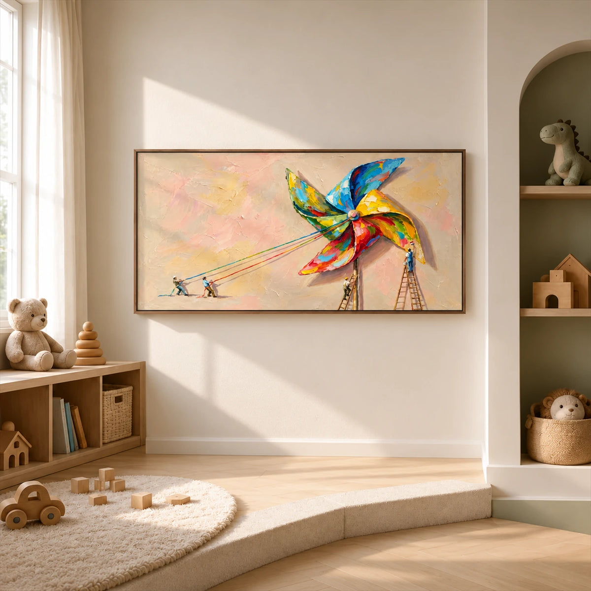 Pinwheel Makers artwork displayed beside a bright window and toy shelves.