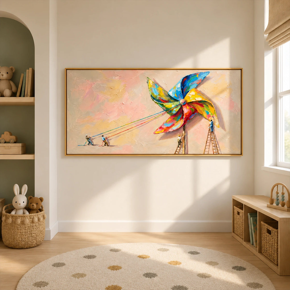 Pinwheel Makers artwork displayed above a round playroom rug.