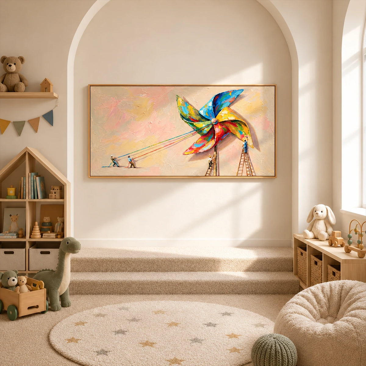 Pinwheel Makers artwork displayed above a stepped play area with wooden toys.