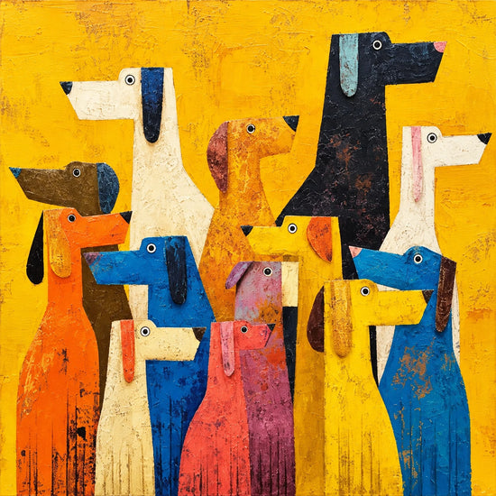 Rainbow Pack full artwork. A colorful gathering of long-eared dogs fills a golden yellow canvas, their angular silhouettes overlapping in a lively patchwork.