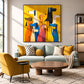 Rainbow Pack artwork displayed above a pale green sofa.