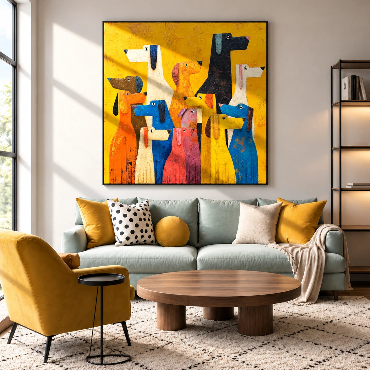 Rainbow Pack artwork displayed above a pale green sofa.