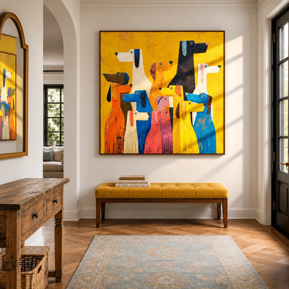 Rainbow Pack artwork displayed above a mustard hallway bench.
