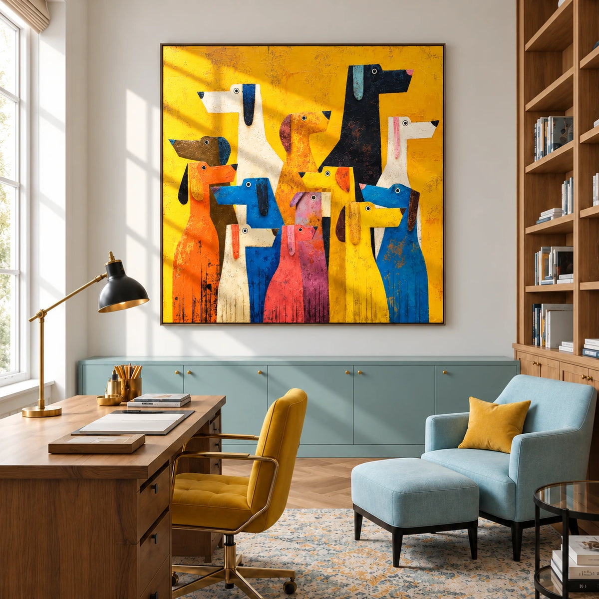 Rainbow Pack artwork displayed above a wooden office desk.