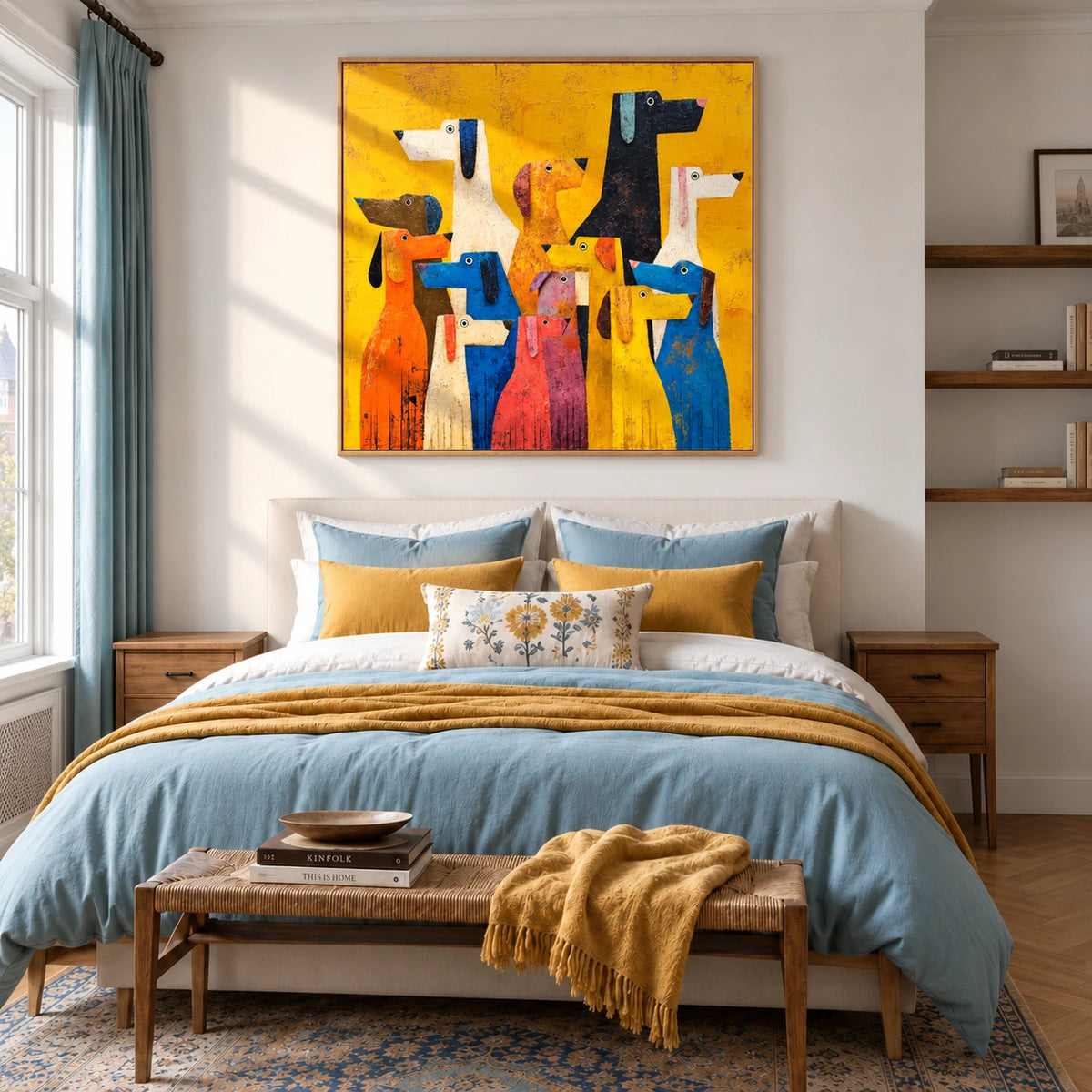 Rainbow Pack artwork displayed above a bed with blue bedding.