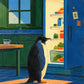 Midnight Snack full artwork. A penguin pauses before an open blue refrigerator in a quiet green kitchen.