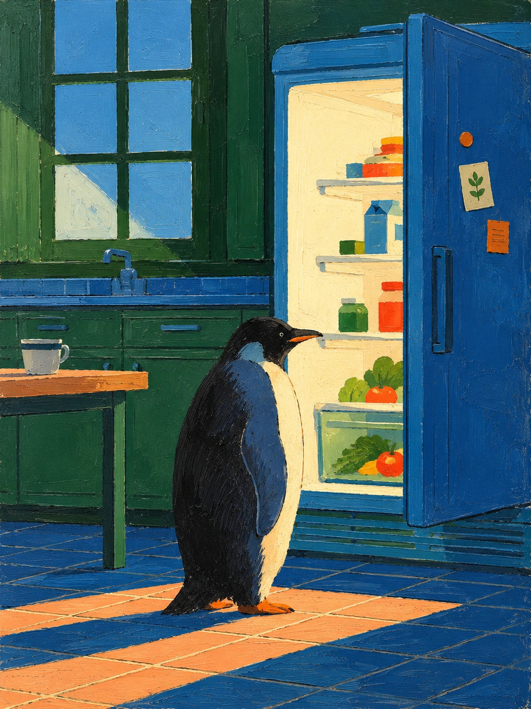 Midnight Snack full artwork. A penguin pauses before an open blue refrigerator in a quiet green kitchen.