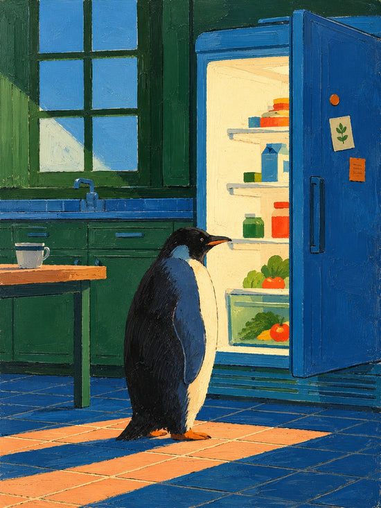 Midnight Snack full artwork. A penguin pauses before an open blue refrigerator in a quiet green kitchen.