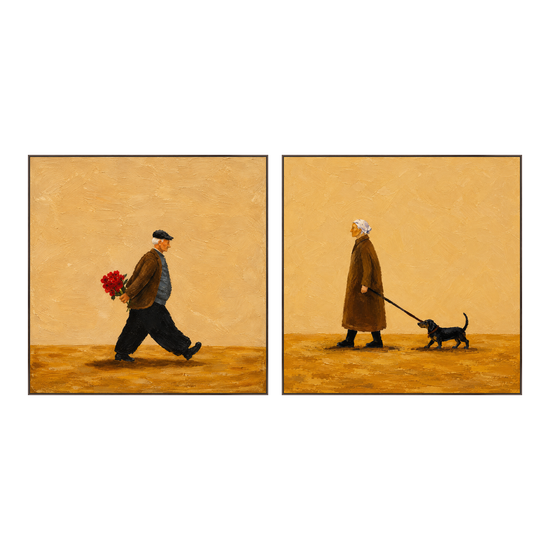 Golden Encounter two-panel artwork set in matching slim frames on a transparent background.
