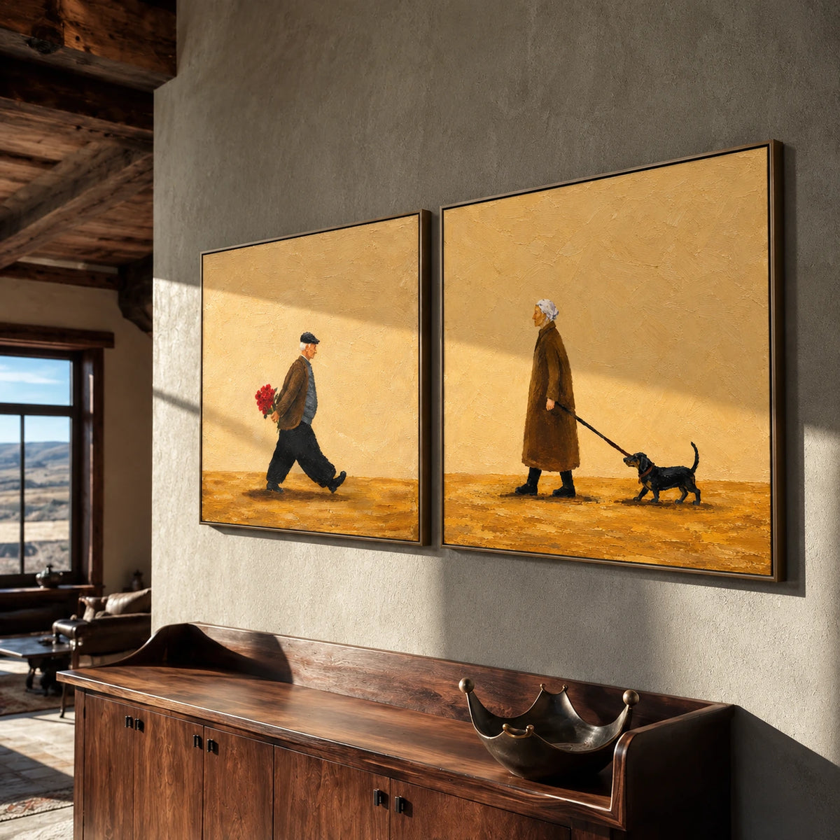 Golden Encounter two-panel artwork set displayed above a wooden sideboard.