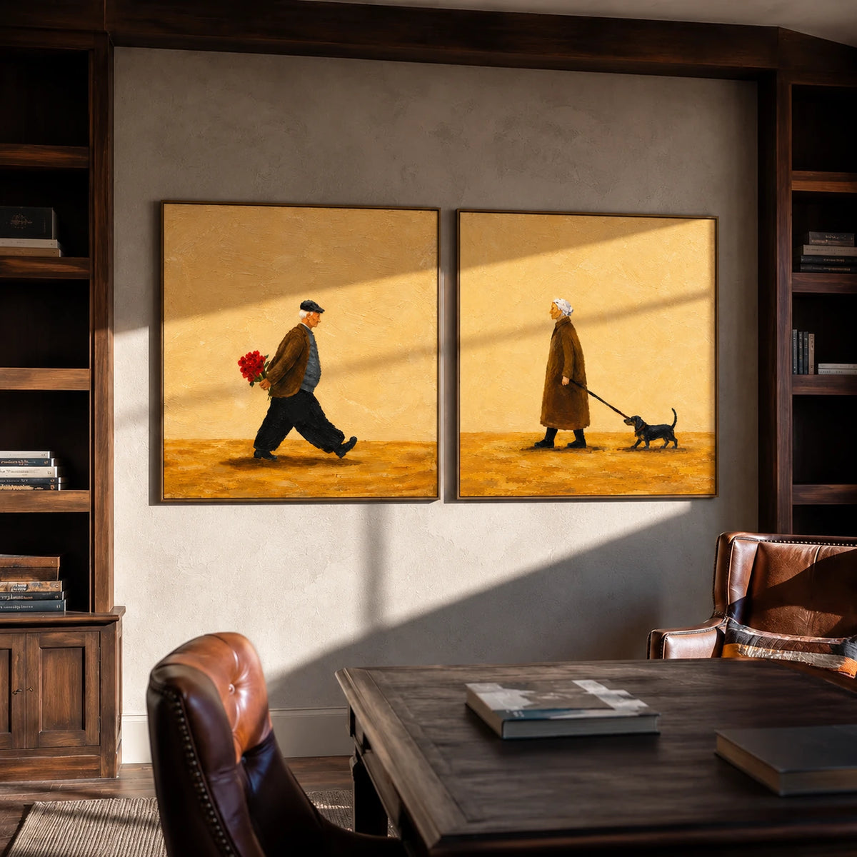 Golden Encounter two-panel artwork set displayed above a dark wooden dining table.
