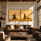 Golden Encounter two-panel artwork set displayed above a brown leather sofa.
