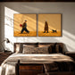 Golden Encounter two-panel artwork set displayed above a bed with neutral linens.