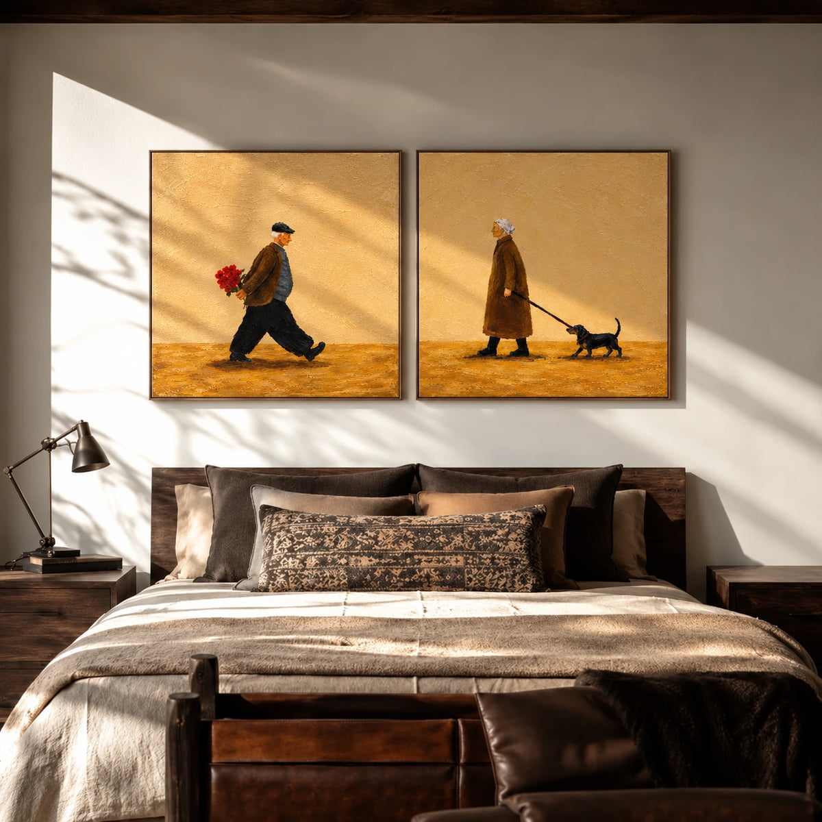 Golden Encounter two-panel artwork set displayed above a bed with neutral linens.