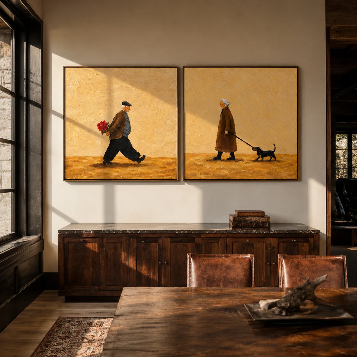 Golden Encounter two-panel artwork set displayed above a wooden console beside tall windows.