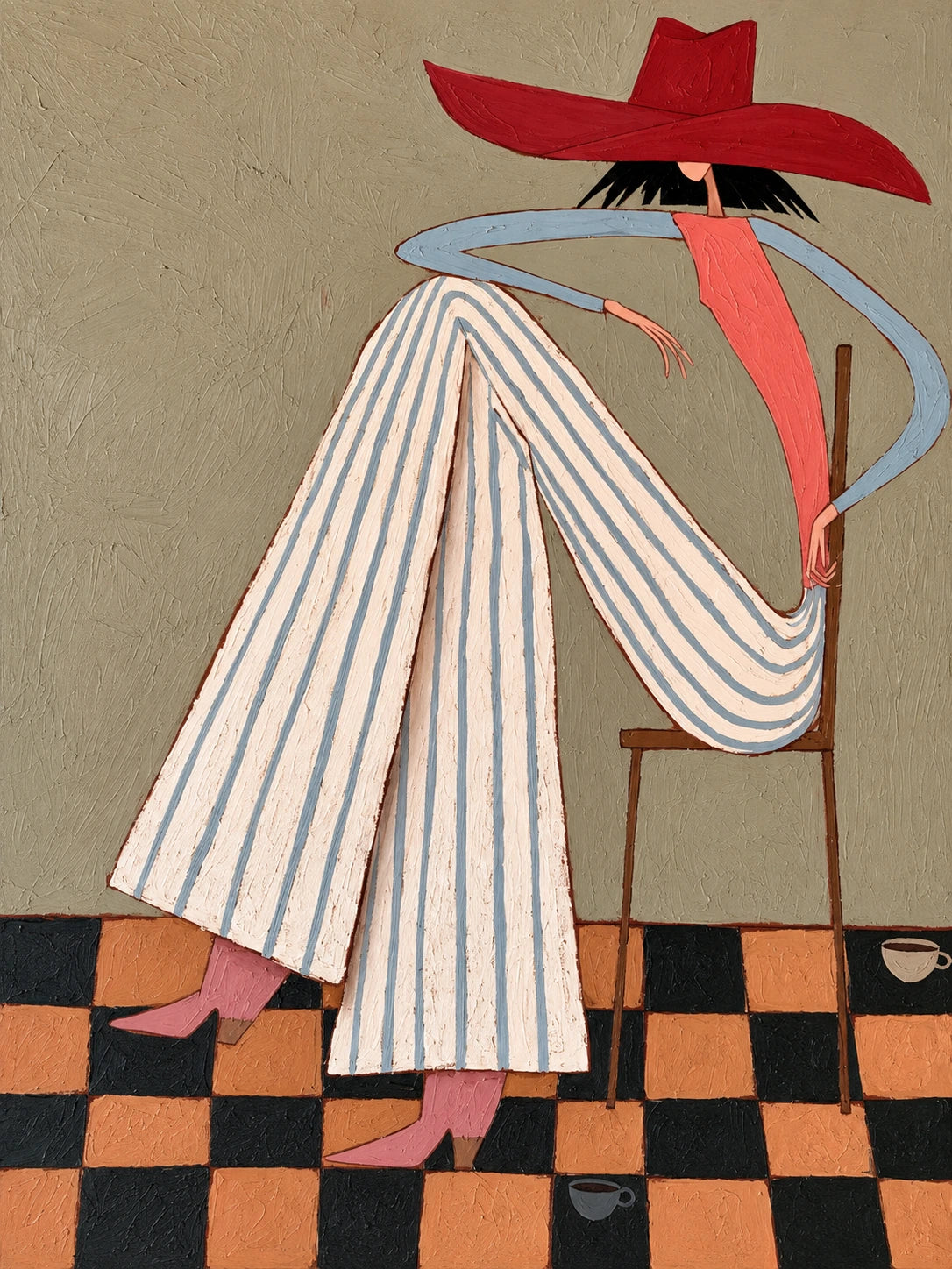 Scarlet Poise full artwork. A seated figure in flowing striped trousers rests beneath a sweeping scarlet hat.