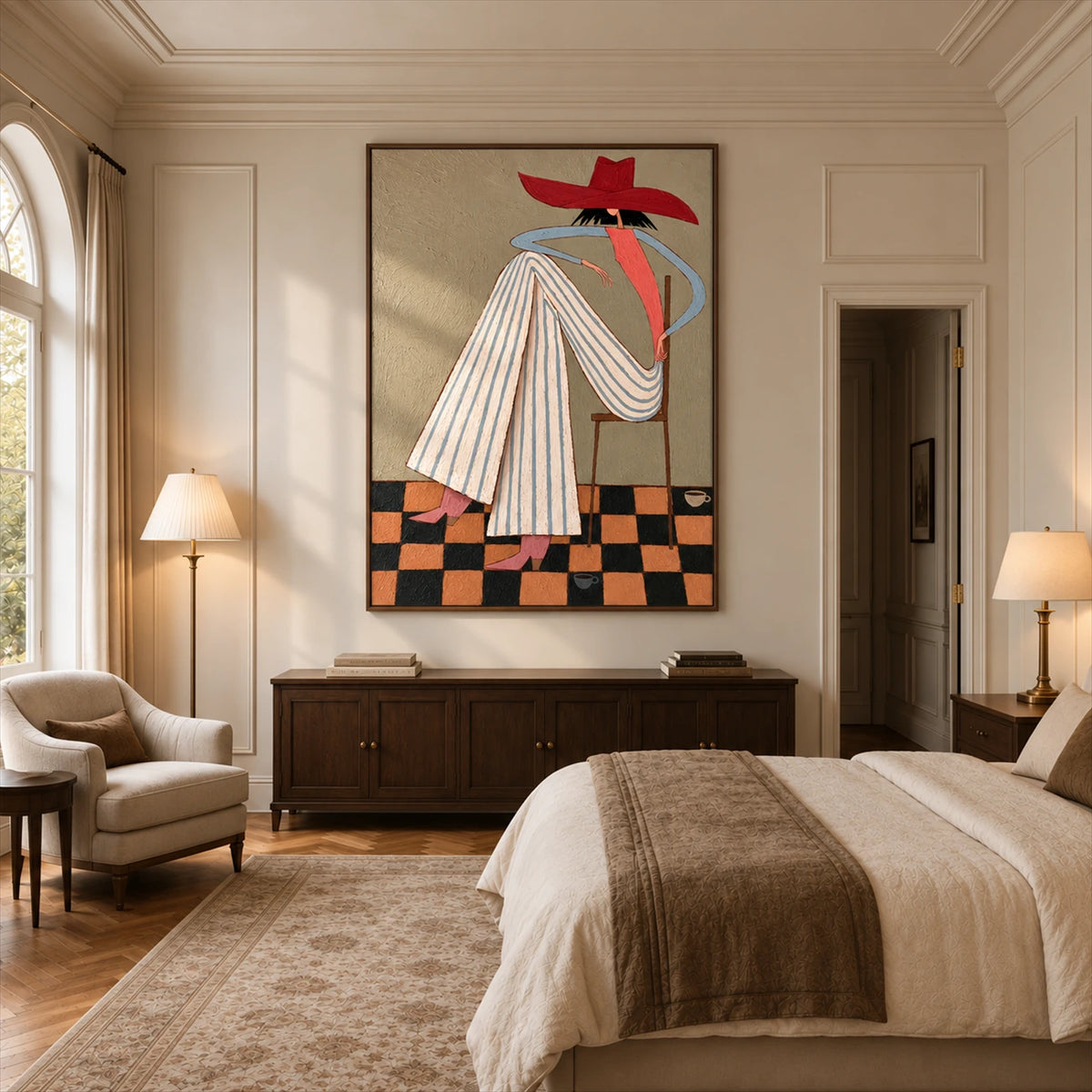 Scarlet Poise artwork displayed above a wood cabinet beside a bed.