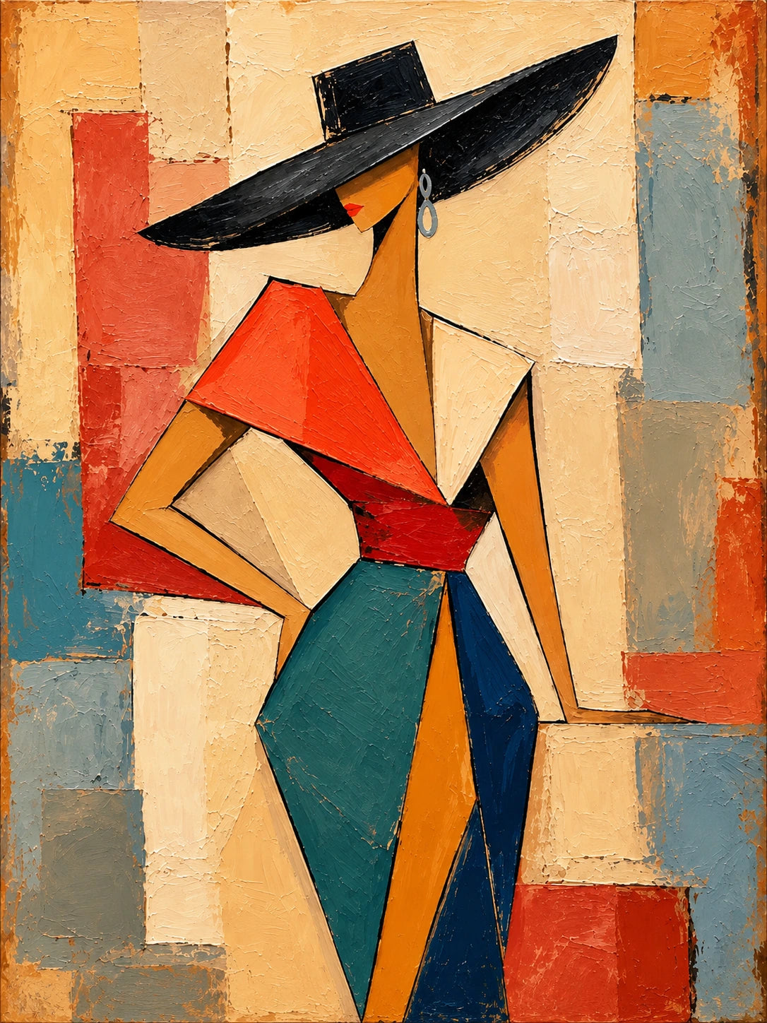 Angular Muse full artwork. A woman beneath a sweeping black hat emerges from a patchwork of angular shapes.