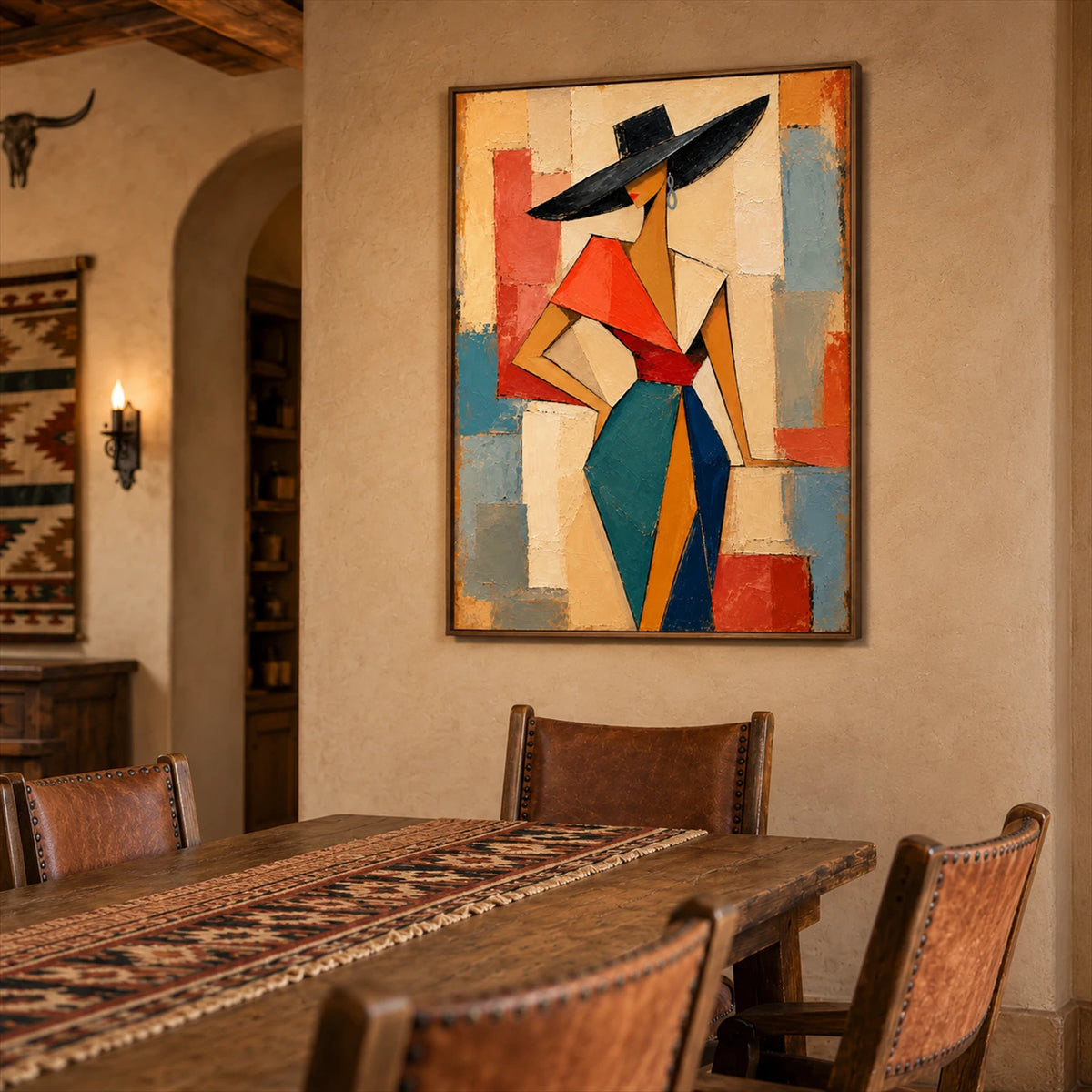 Angular Muse artwork displayed above a rustic dining table with woven chairs.