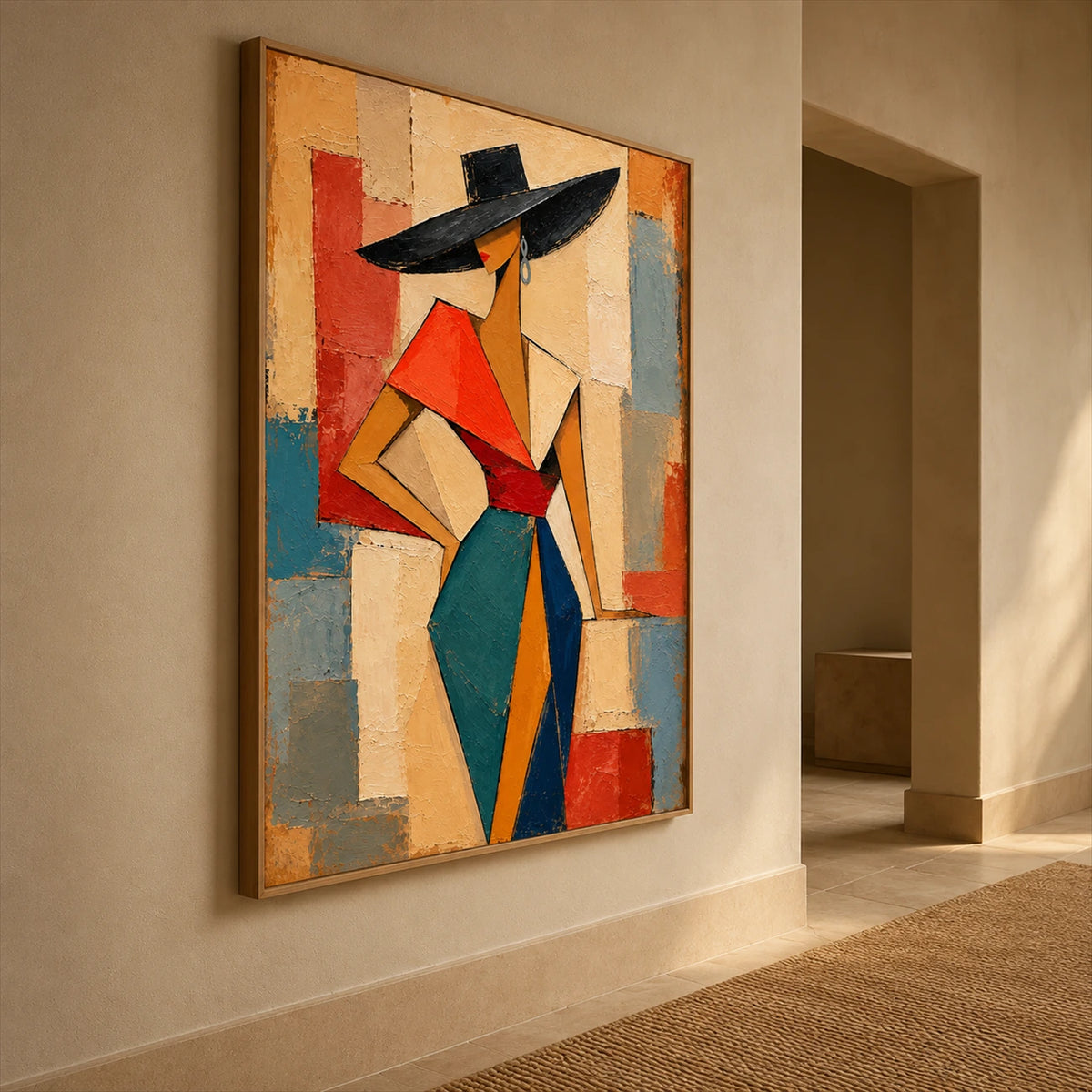Angular Muse artwork displayed on a hallway wall above a woven runner.