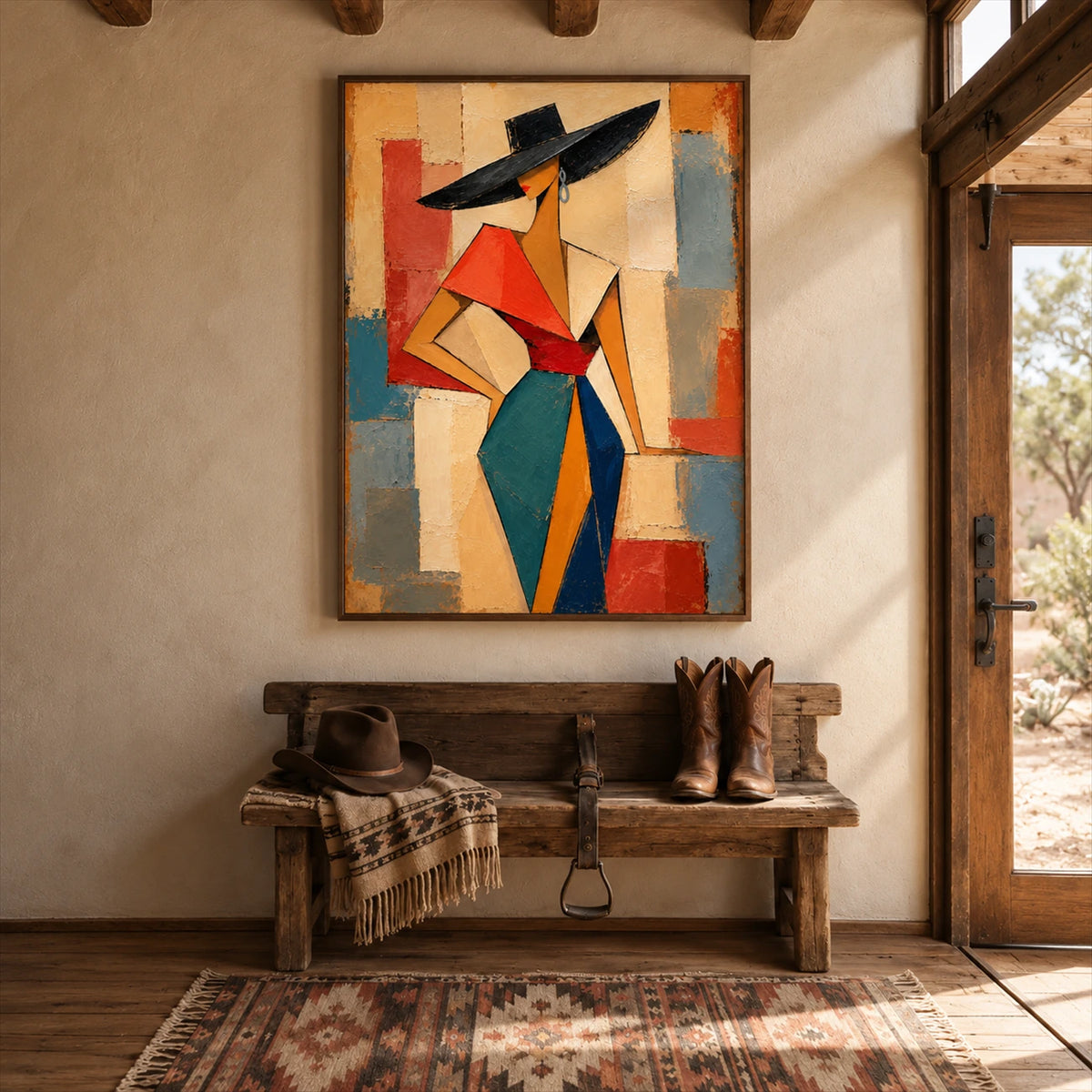 Angular Muse artwork displayed above a rustic entryway bench.
