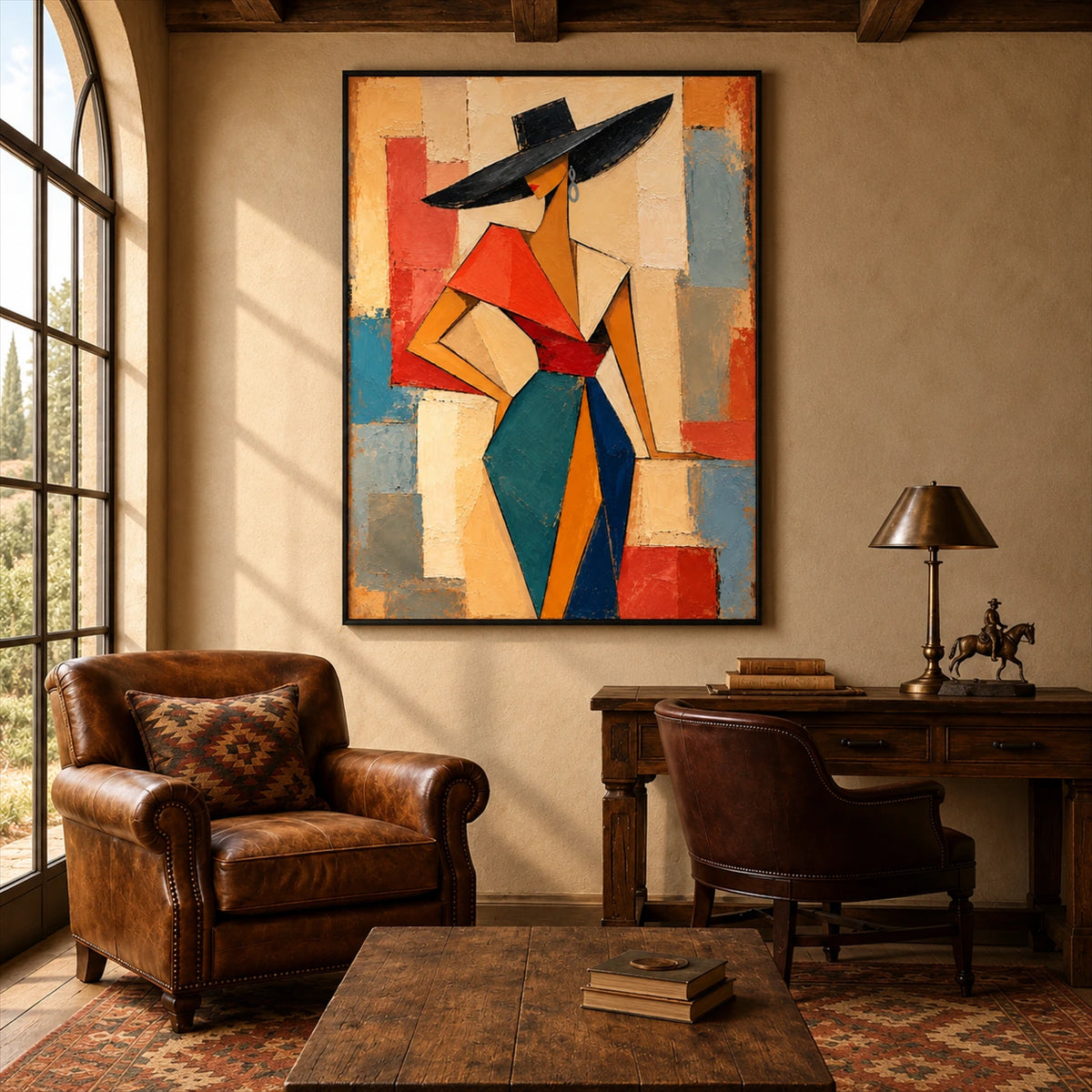 Angular Muse artwork displayed beside a wooden desk and leather armchair.