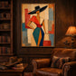 Angular Muse artwork displayed beside a dark wooden bookcase and brown leather seating.