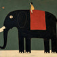 Gentle Giant full artwork. A tiny rider in yellow perches on a black elephant draped with a scarlet saddlecloth.