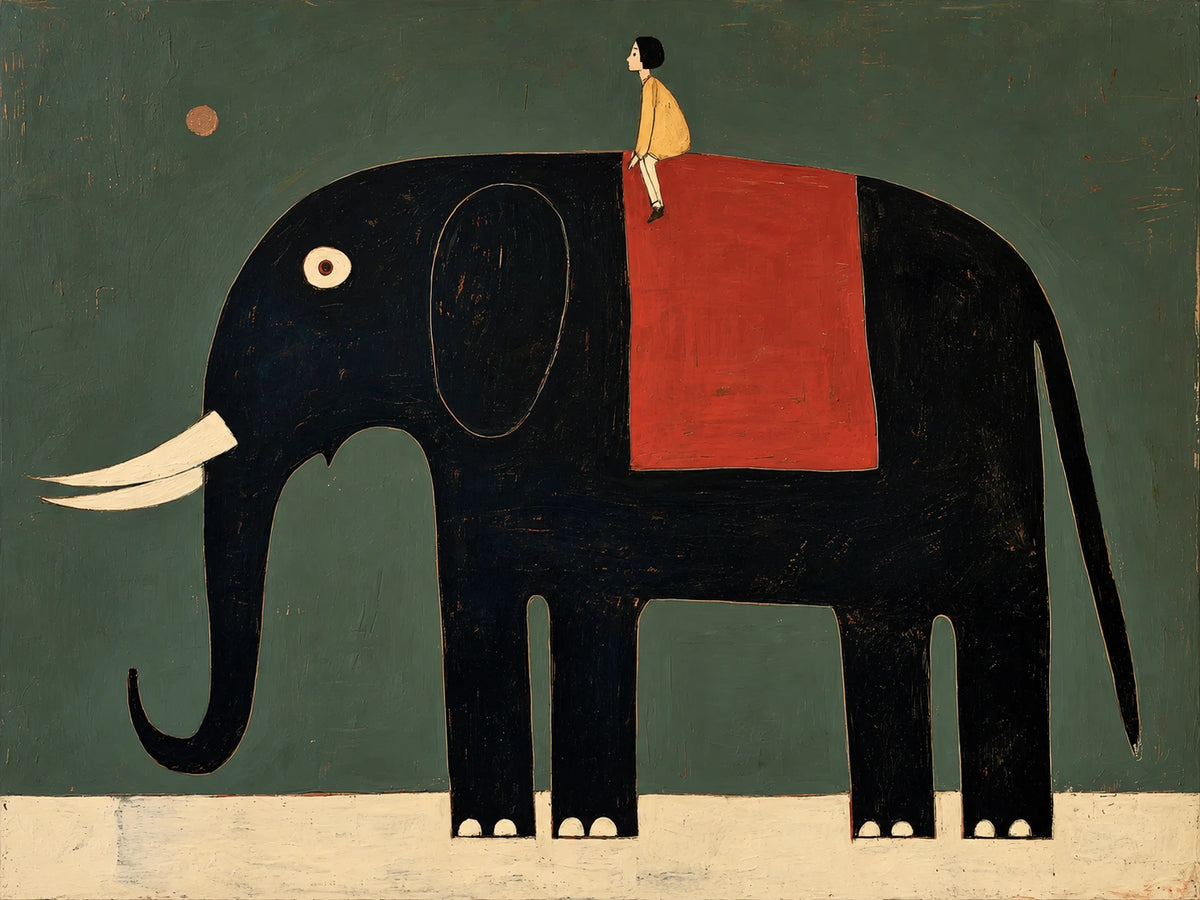 Gentle Giant full artwork. A tiny rider in yellow perches on a black elephant draped with a scarlet saddlecloth.