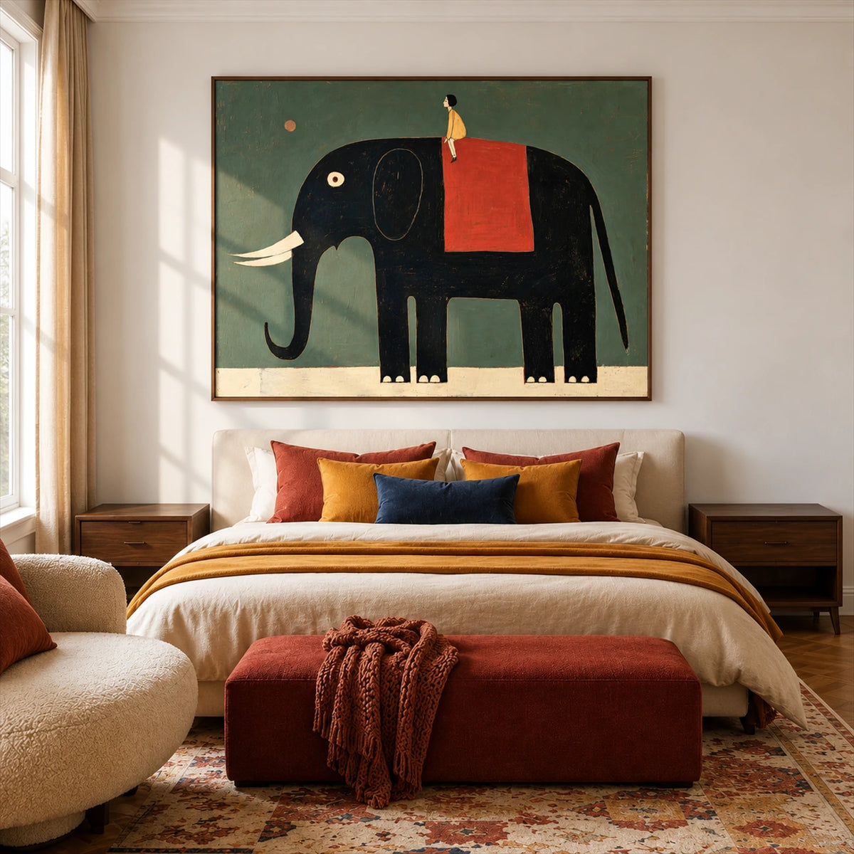 Gentle Giant artwork displayed above a bed with colorful pillows.