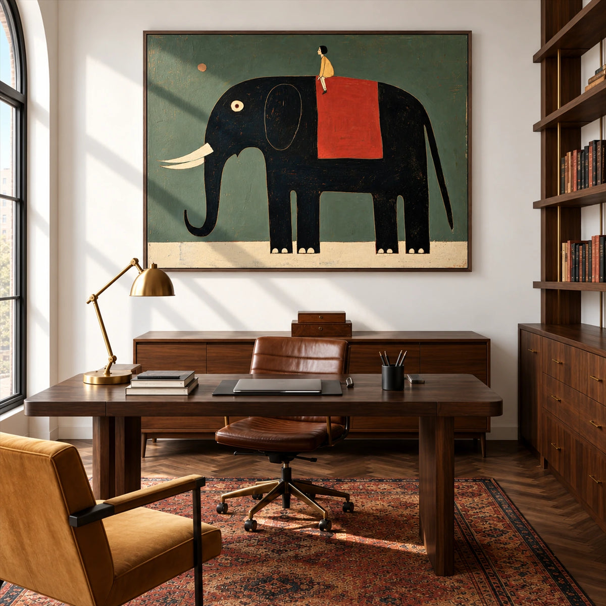 Gentle Giant artwork displayed above a wooden desk in a study.
