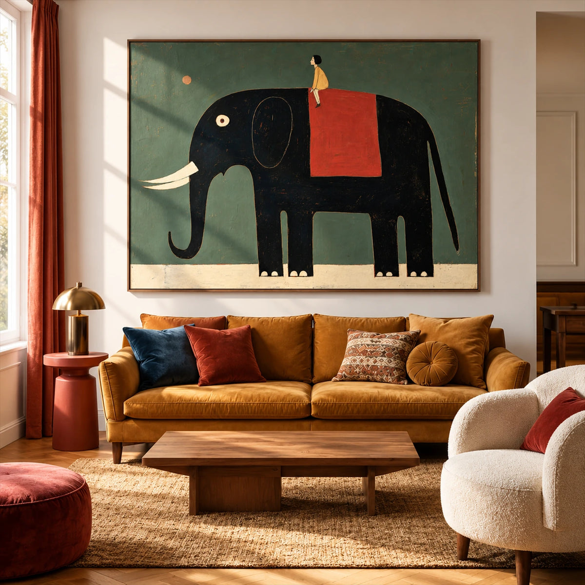 Gentle Giant artwork displayed above an ochre sofa in a living room.
