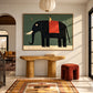 Gentle Giant artwork displayed above a rounded console in an entryway.