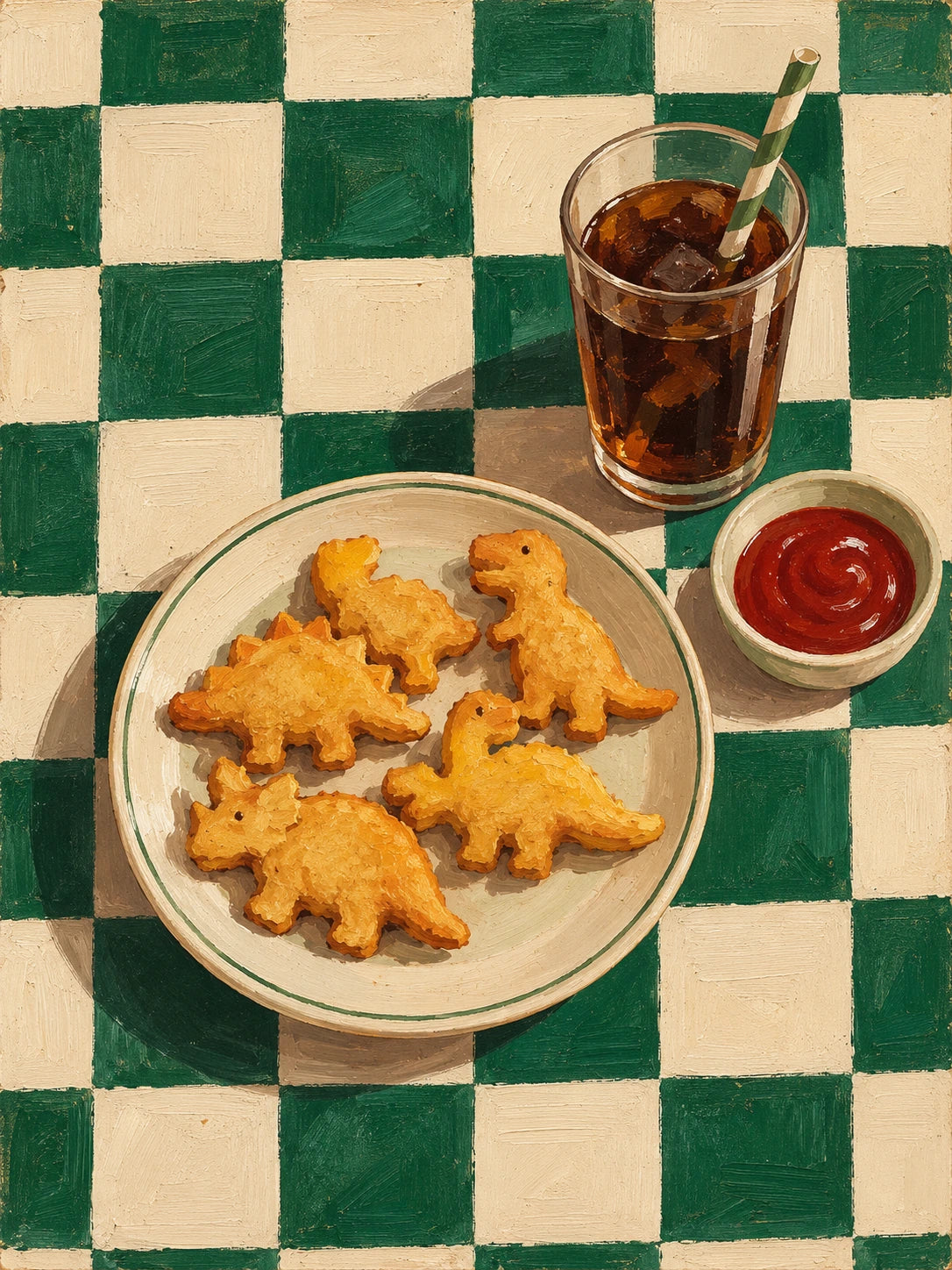 Dino Bites full artwork. Golden dinosaur-shaped nuggets sit beside a glass of cola and a small dish of ketchup.