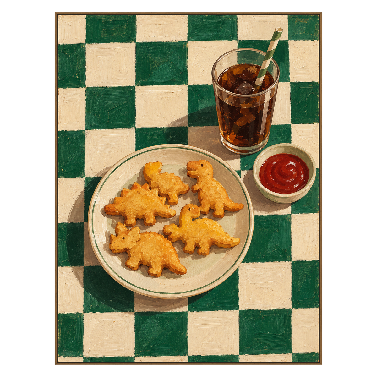 Dino Bites artwork in a natural wood frame on a transparent background.