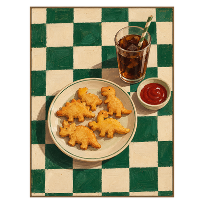 Dino Bites artwork in a natural wood frame on a transparent background.