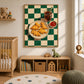 Dino Bites artwork displayed above a storage cabinet beside a nursery crib.