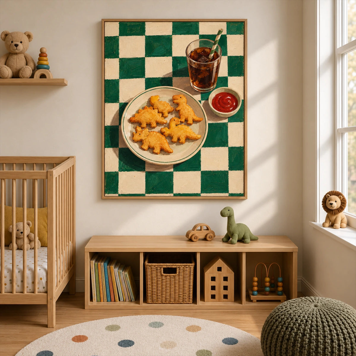 Dino Bites artwork displayed above a storage cabinet beside a nursery crib.