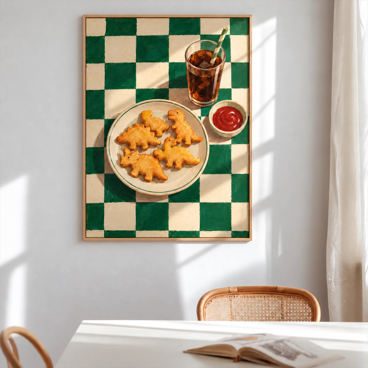 Dino Bites artwork displayed above a table and woven chair in a sunlit room.