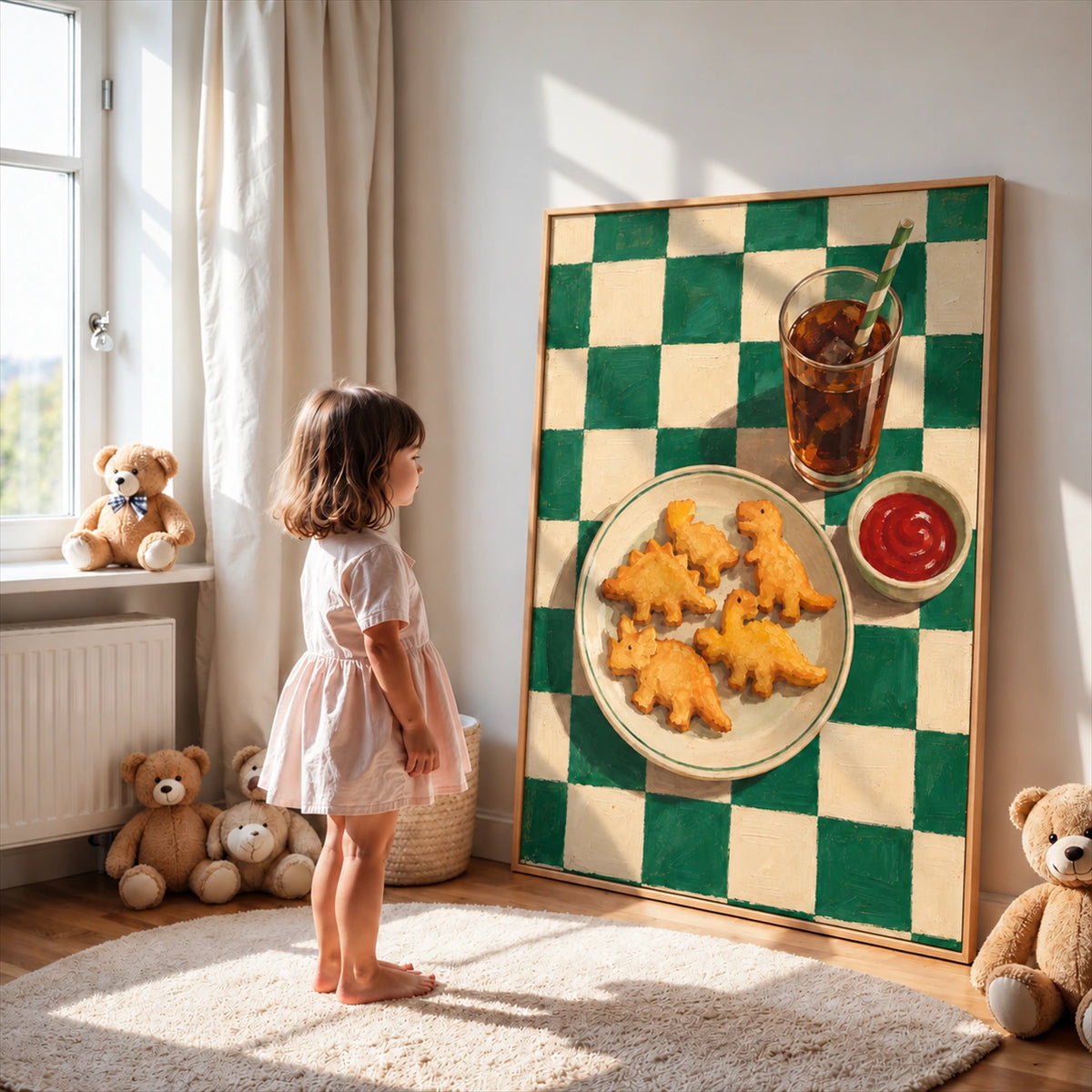 Dino Bites artwork displayed leaning against a bedroom wall beside a child.