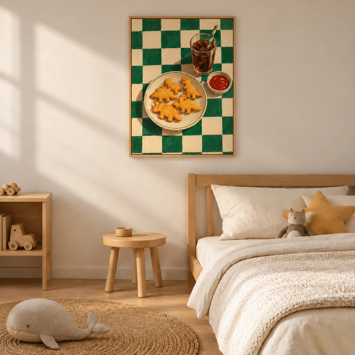 Dino Bites artwork displayed above a bed in a softly lit bedroom.