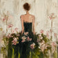 Blossom Reverie full artwork. Seen from behind, a woman in a dark dress stands among loose pink blossoms and deep green foliage.