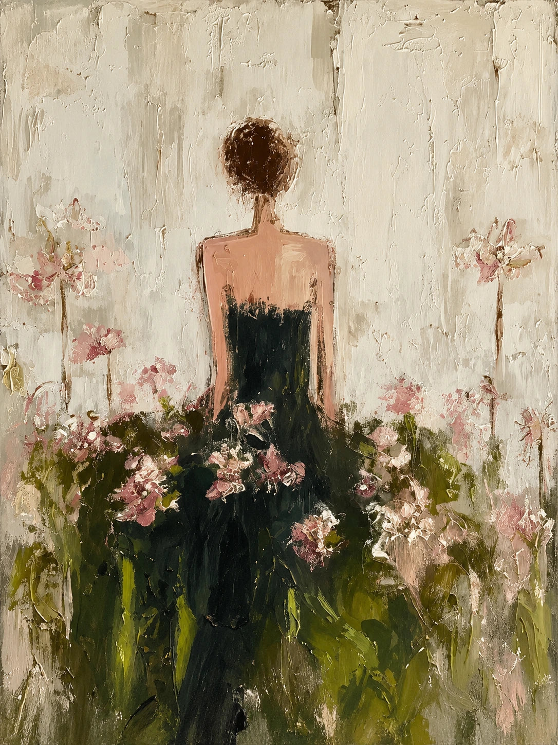 Blossom Reverie full artwork. Seen from behind, a woman in a dark dress stands among loose pink blossoms and deep green foliage.