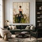 Blossom Reverie artwork displayed above a deep green sofa in a living room.