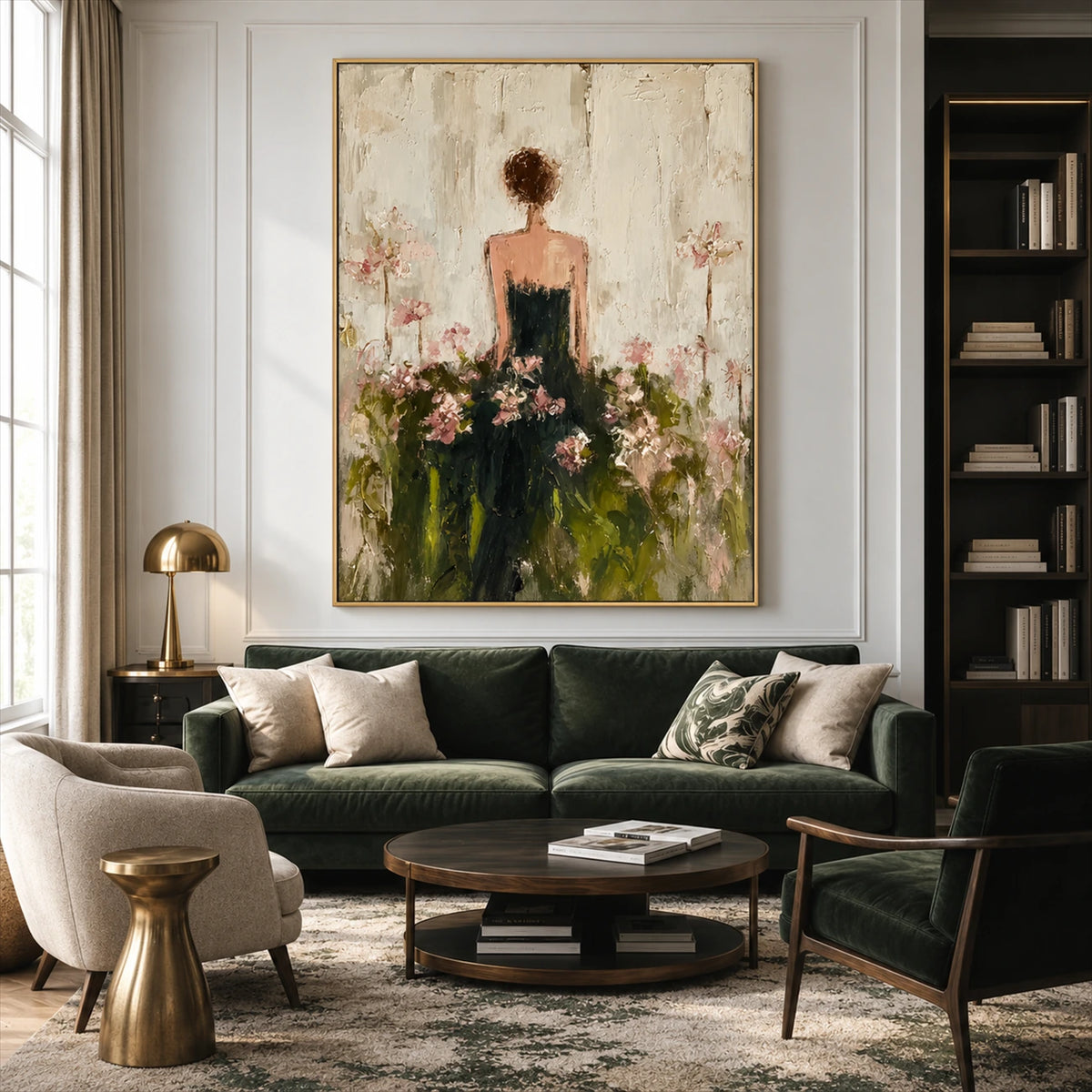 Blossom Reverie artwork displayed above a deep green sofa in a living room.